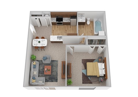 A top down view of a living room, kitchen, and dining area.